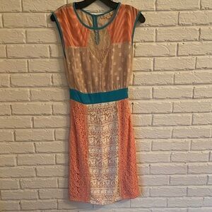 Anthropologie Elegant Lace Panel Dress - Coral and Teal